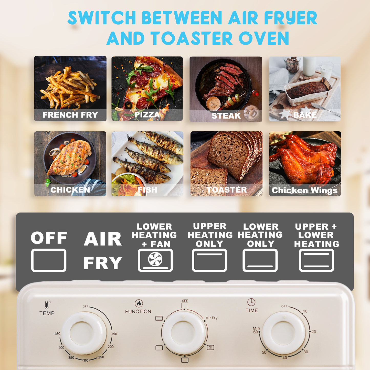 MFVV 10.6QT Toaster Oven Air Fryer Combo,1000W Air Fryer Oven Combo ,3-Layer Cooking,Ideal For Small Kitchen,3 Knob Control & Visible Window