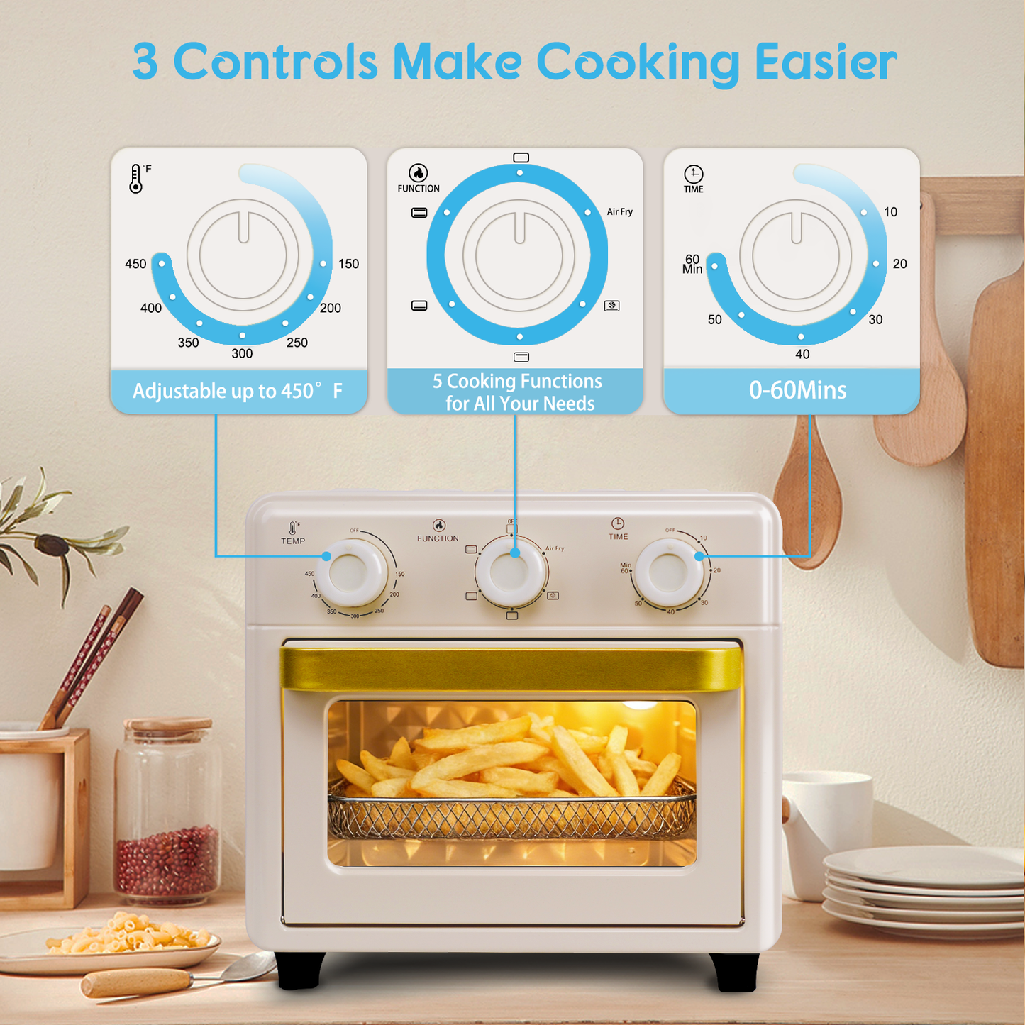 MFVV 10.6QT Toaster Oven Air Fryer Combo,1000W Air Fryer Oven Combo ,3-Layer Cooking,Ideal For Small Kitchen,3 Knob Control & Visible Window