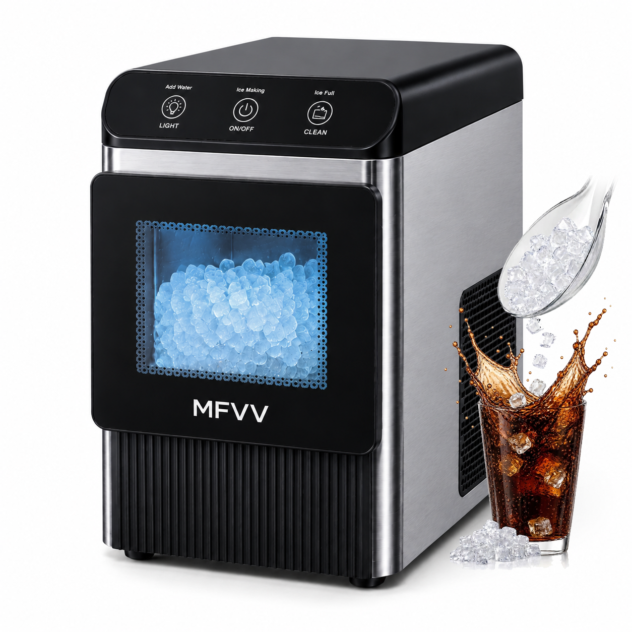 Nugget Ice Maker Countertop 38lbs/Day, Soft Chewable Pebble Ice Ready in 6 Mins, Compact Self-Cleaning Portable Ice Machine, Quiet 42dB, Stainless Steel with LED for Home Kitchen Office RV