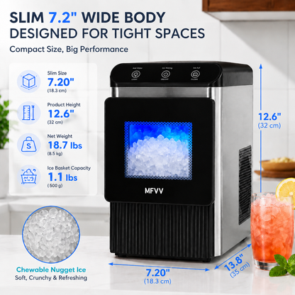 Nugget Ice Maker Countertop 38lbs/Day, Soft Chewable Pebble Ice Ready in 6 Mins, Compact Self-Cleaning Portable Ice Machine, Quiet 42dB, Stainless Steel with LED for Home Kitchen Office RV