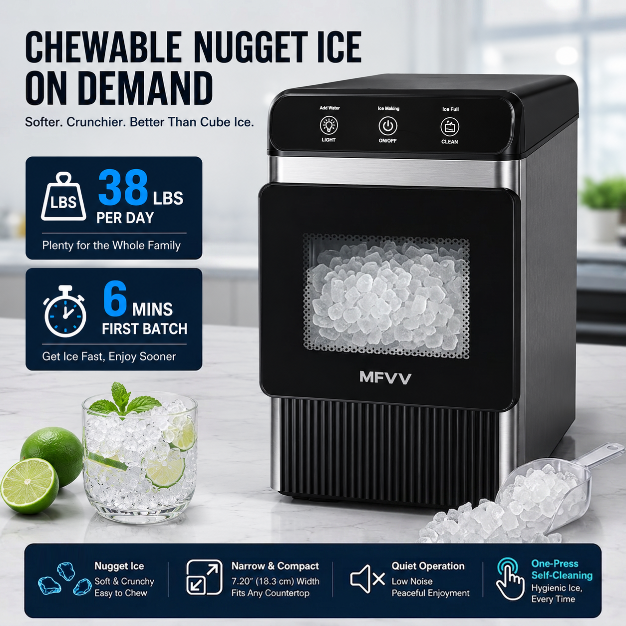Nugget Ice Maker Countertop 38lbs/Day, Soft Chewable Pebble Ice Ready in 6 Mins, Compact Self-Cleaning Portable Ice Machine, Quiet 42dB, Stainless Steel with LED for Home Kitchen Office RV