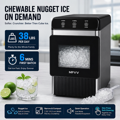 Nugget Ice Maker Countertop 38lbs/Day, Soft Chewable Pebble Ice Ready in 6 Mins, Compact Self-Cleaning Portable Ice Machine, Quiet 42dB, Stainless Steel with LED for Home Kitchen Office RV
